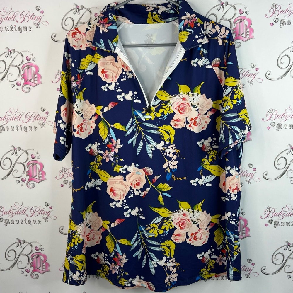 MoFiz tshirt tee half zip Floral flowers Shirt in Navy blue pink green white
